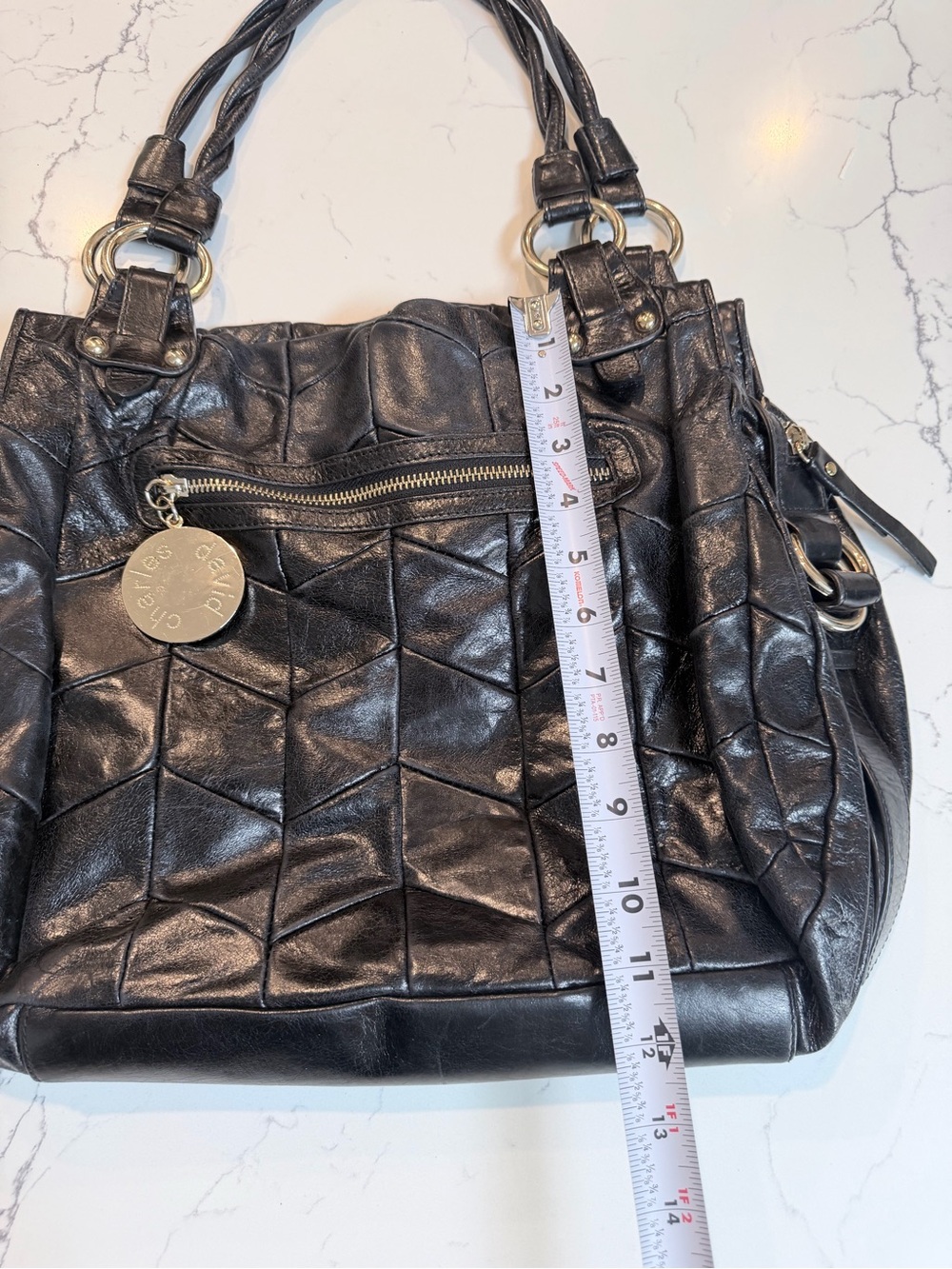 Vintage Charles David Quilted Patchwork Leather Satchel in Black - Picture 7 of 11